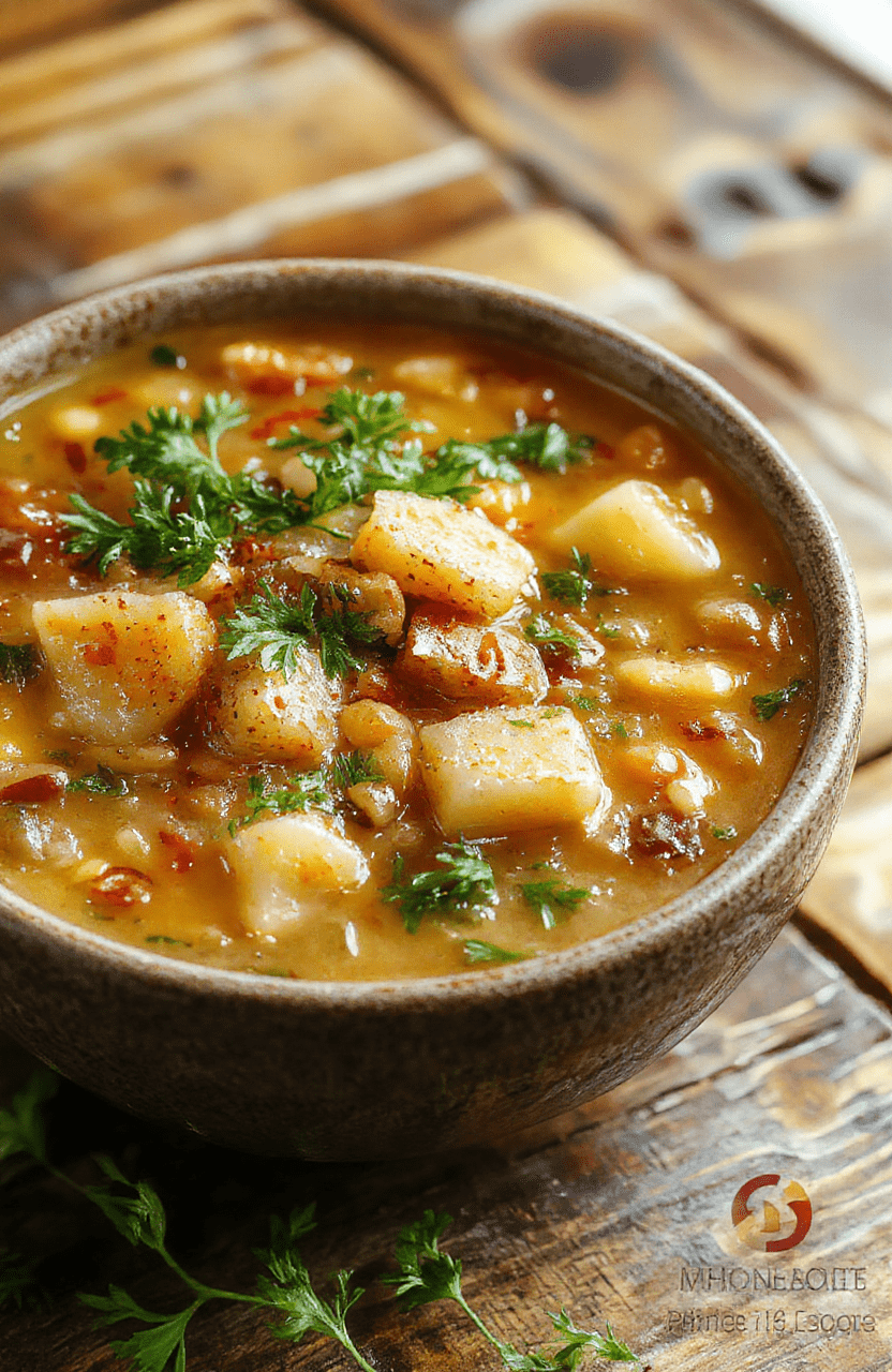 A warm bowl of hearty lentil and potato soup topped with fresh herbs, served on a rustic wooden table with a spoon, showcasing vibrant orange lentils, creamy potatoes, and green garnishes.