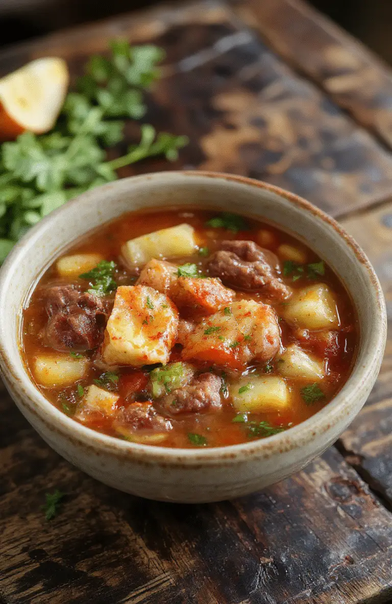 A vibrant bowl of hearty vegetable beef soup featuring tender chunks of beef, colorful carrots, celery, and potatoes, topped with fresh herbs, served in a rustic ceramic bowl with a spoon, on a wooden surface with a cozy background.
