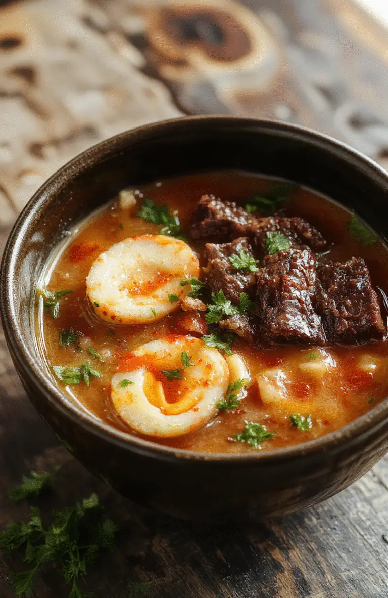 A steaming bowl of beef ramen featuring tender beef slices, soft boiled eggs, and vibrant green scallions on top. The broth is rich and savory, with noodles submerged and flavorful toppings arranged attractively on a rustic ceramic plate with wooden chopsticks nearby.