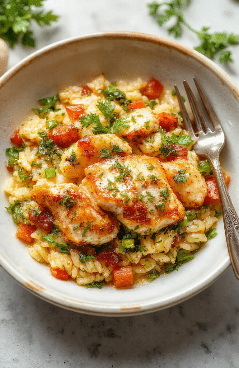 Colorful chicken and orzo plated beautifully with fresh herbs and vegetables, showcasing a creamy, textured dish with golden-brown chicken pieces and vibrant greens, styled simply on a rustic white plate.