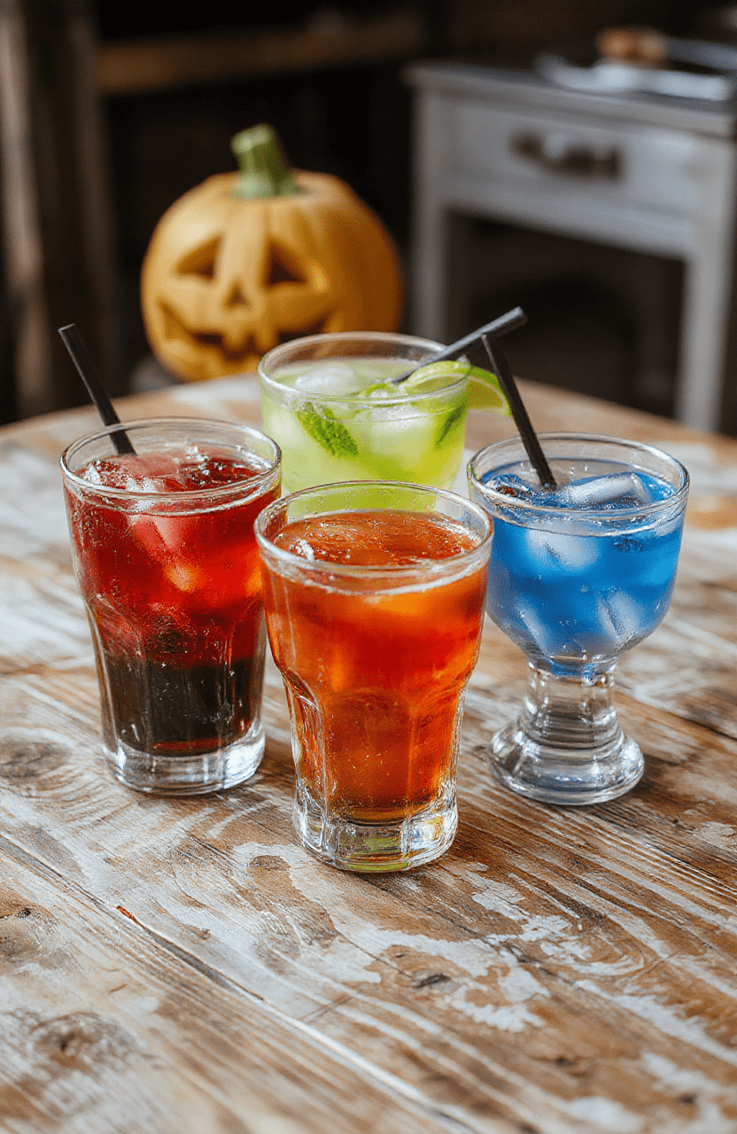 A colorful Halloween-themed tray featuring six spooky kid-friendly beverages, each with vibrant colors, fun Halloween decorations, and playful garnishes, set on a rustic wooden table with soft natural lighting.