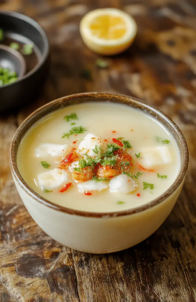 A steaming bowl of Japanese clear soup featuring delicate slices of green onion, translucent broth, and tender tofu cubes, elegantly plated with a simple garnish of seaweed and sesame seeds, set against a minimalist white background with subtle steam rising for a fresh, inviting presentation.