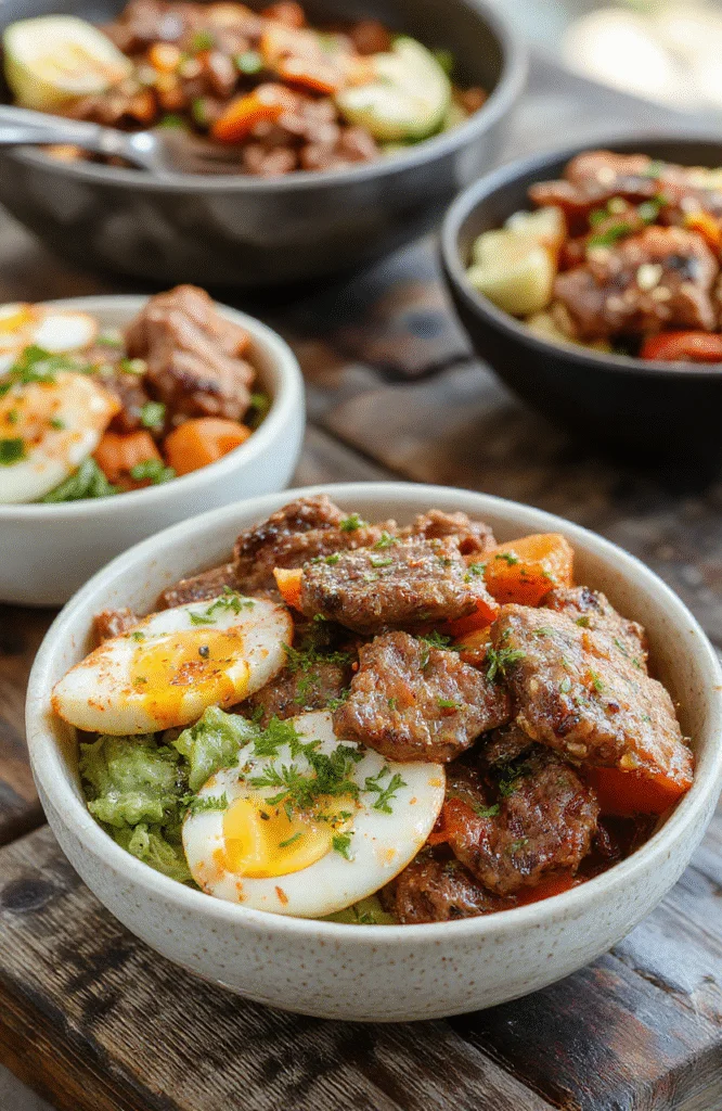 A vibrant plate featuring sliced grilled steak atop a colorful bed of quinoa, cherry tomatoes, cucumber, kalamata olives, and feta cheese, garnished with fresh herbs. The dish is beautifully arranged in a rustic bowl with a drizzle of olive oil and a lemon wedge, set on a wooden table with a modern, casual style.