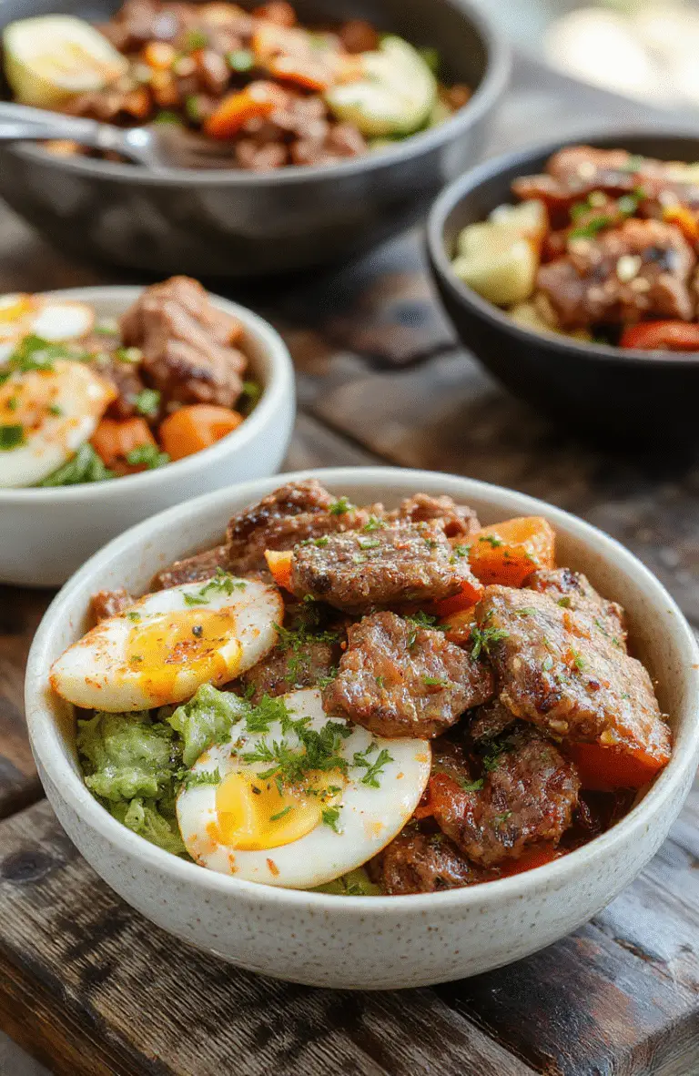 A vibrant plate featuring sliced grilled steak atop a colorful bed of quinoa, cherry tomatoes, cucumber, kalamata olives, and feta cheese, garnished with fresh herbs. The dish is beautifully arranged in a rustic bowl with a drizzle of olive oil and a lemon wedge, set on a wooden table with a modern, casual style.