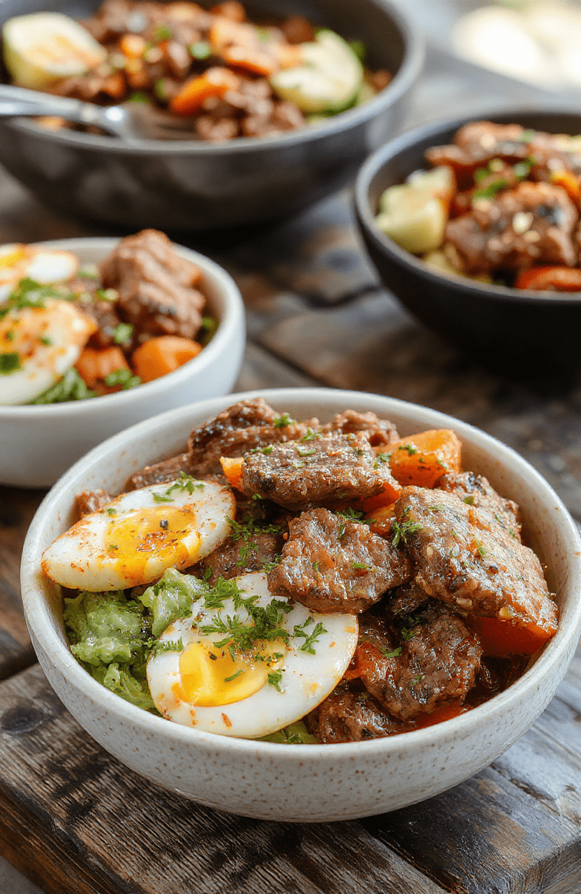 A vibrant plate featuring sliced grilled steak atop a colorful bed of quinoa, cherry tomatoes, cucumber, kalamata olives, and feta cheese, garnished with fresh herbs. The dish is beautifully arranged in a rustic bowl with a drizzle of olive oil and a lemon wedge, set on a wooden table with a modern, casual style.