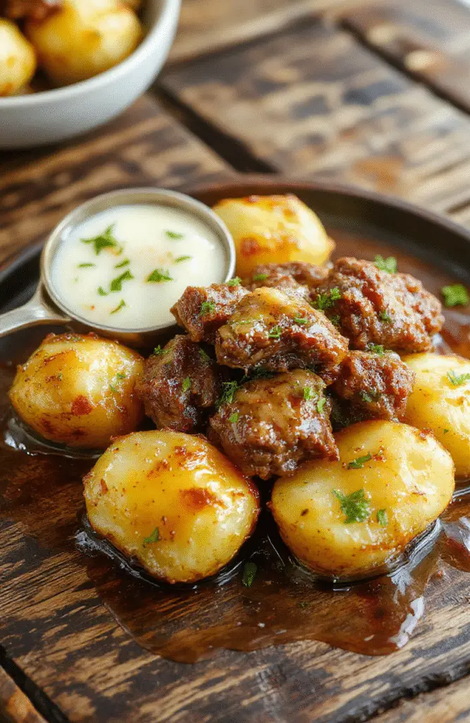 A close-up shot of tender, juicy beef bites smothered in garlic butter, arranged on a rustic plate alongside golden roasted potatoes. The dish is garnished with fresh herbs, showcasing a glossy, flavorful sauce with crispy edges and soft, melt-in-your-mouth texture, styled simply yet invitingly.