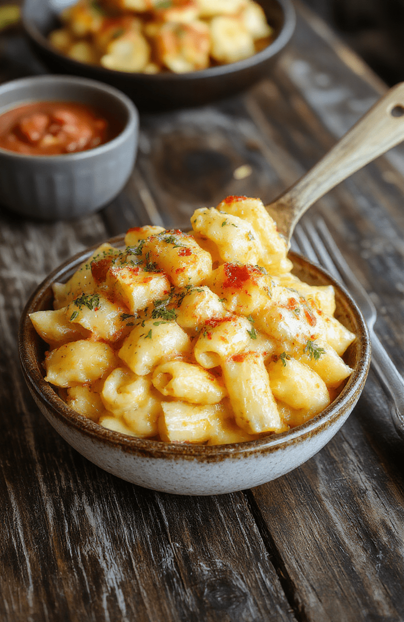 A vibrant Halloween-themed plate featuring creamy cheese pasta with colorful monster-shaped toppings, garnished with green herbs and edible eyes, presented on a rustic wooden table with fun Halloween decorations in the background.