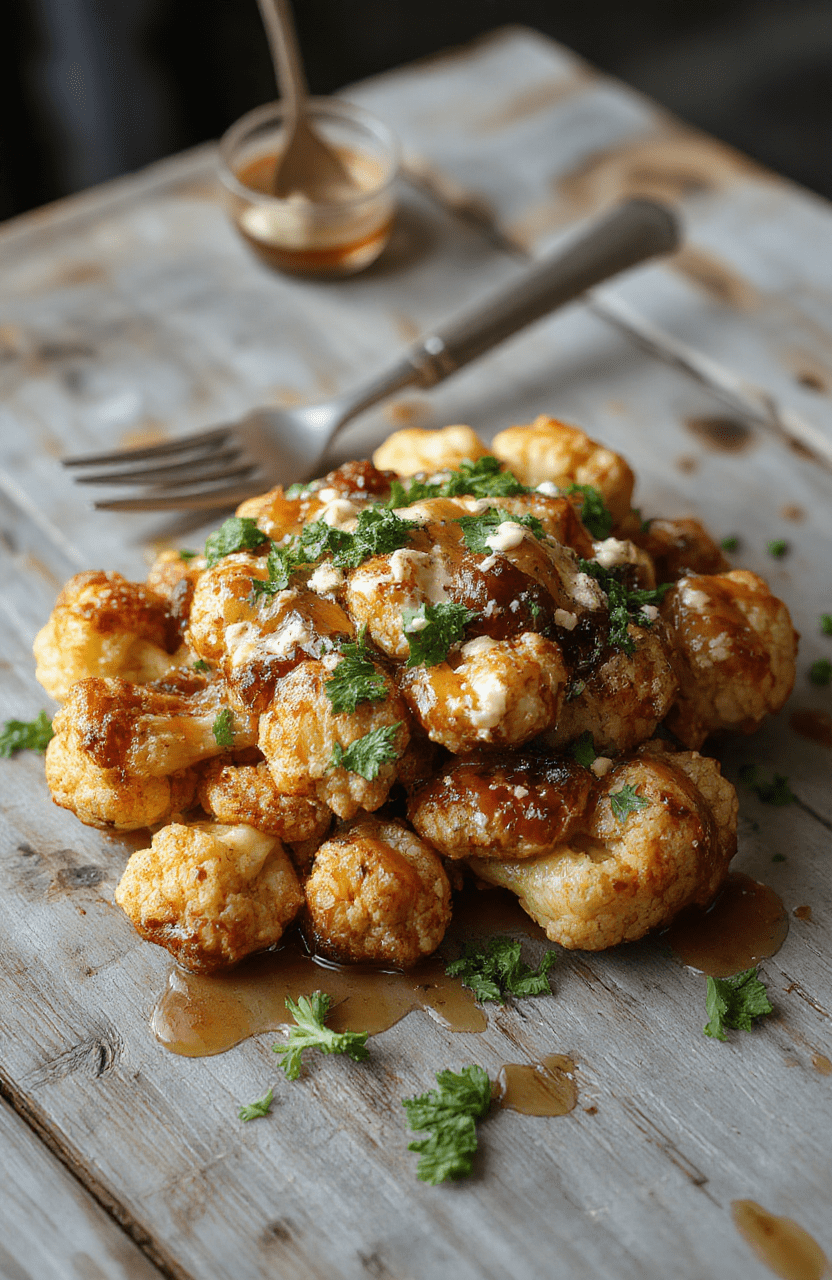 A vibrant plate of roasted cauliflower florets drizzled with a golden tahini-honey sauce, garnished with fresh herbs, presented on a rustic wooden table with a colorful Moroccan textile backdrop, showcasing a textured and inviting culinary presentation.