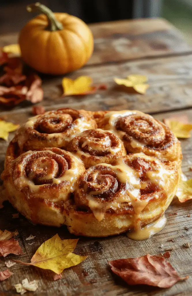 A plate of golden brown pumpkin cinnamon rolls drizzled with icing, topped with a sprinkle of cinnamon, served on a rustic wooden table with autumn leaves in the background, showcasing soft, fluffy texture and warm colors.
