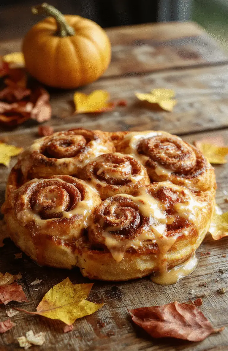 A plate of golden brown pumpkin cinnamon rolls drizzled with icing, topped with a sprinkle of cinnamon, served on a rustic wooden table with autumn leaves in the background, showcasing soft, fluffy texture and warm colors.