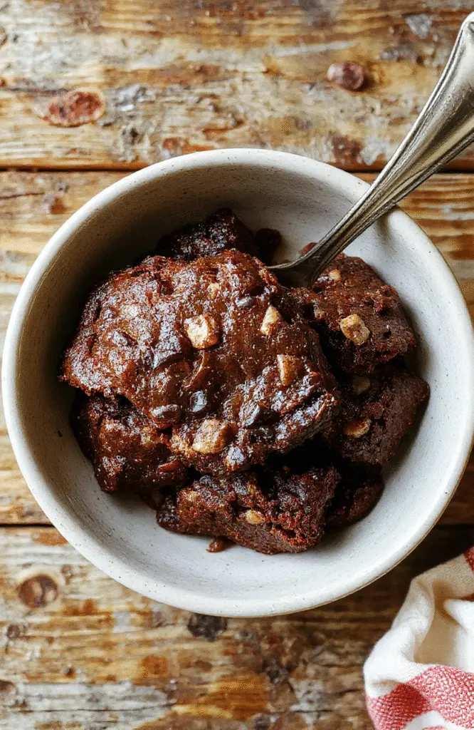 A rich, fudgy brownie sliced open on a rustic wooden table, showing moist interior with a shiny cracked crust, accompanied by a cup of milk and a few chocolate chips scattered around, styled simply for a cozy, inviting look.