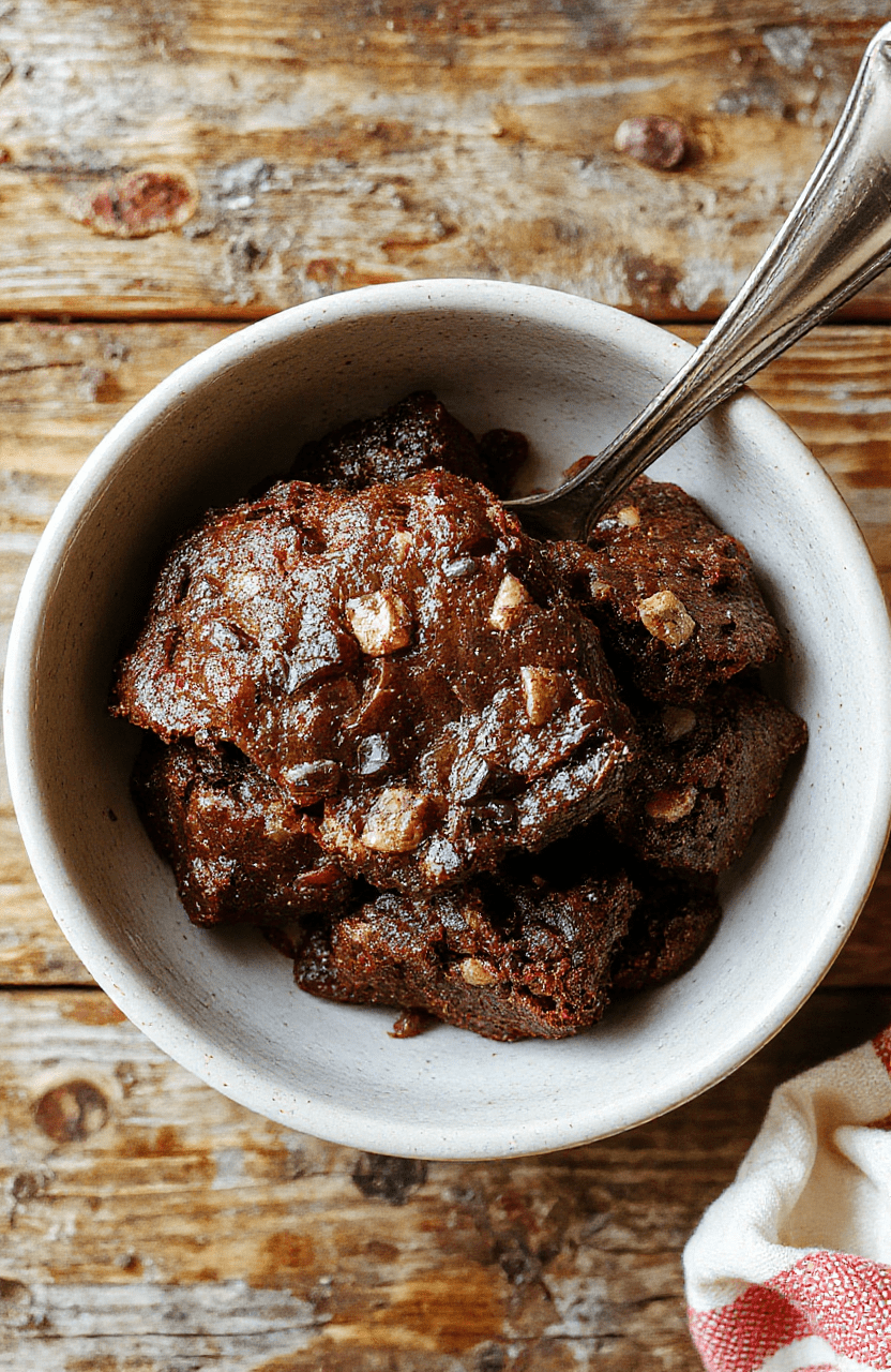 A rich, fudgy brownie sliced open on a rustic wooden table, showing moist interior with a shiny cracked crust, accompanied by a cup of milk and a few chocolate chips scattered around, styled simply for a cozy, inviting look.