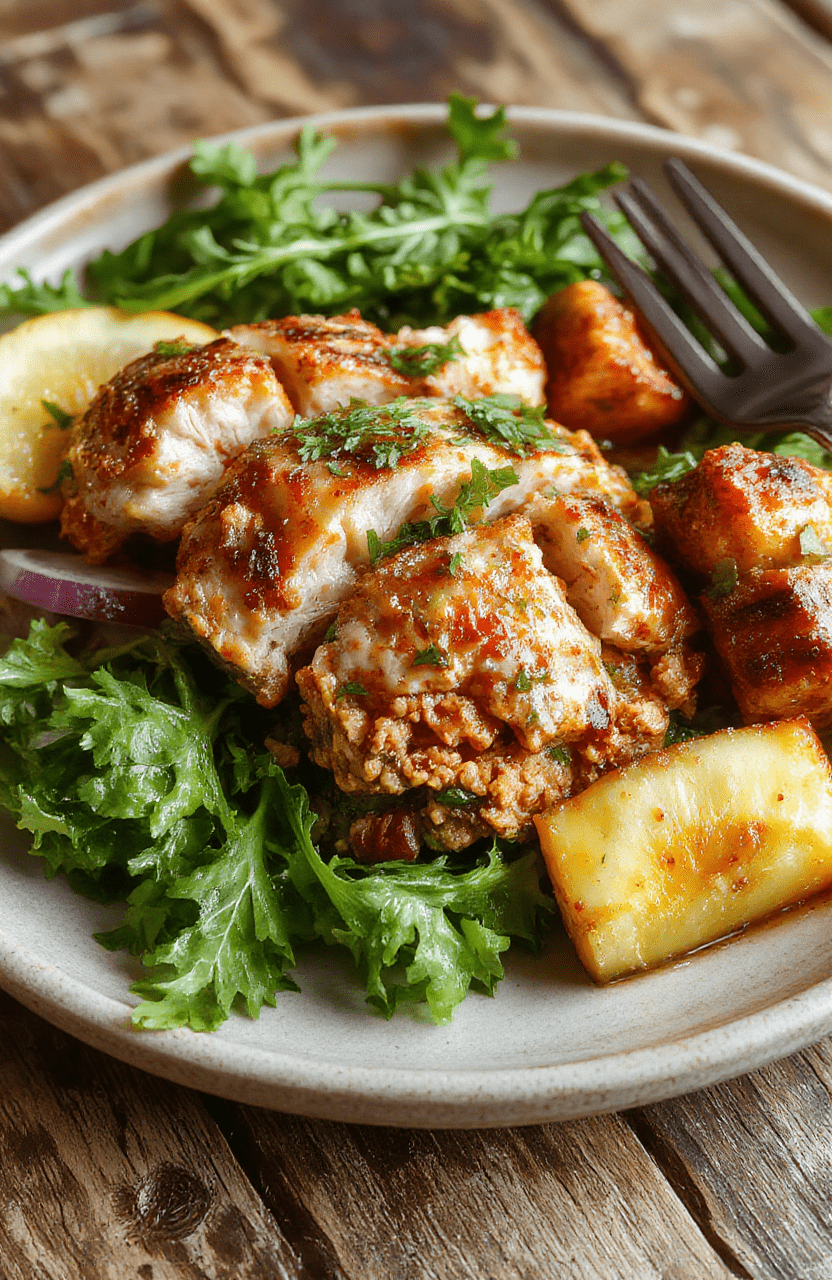 A vibrant plate featuring seasoned ground turkey cooked to perfection, garnished with fresh herbs, served alongside colorful roasted vegetables on a rustic wooden surface, with a bright and inviting background
