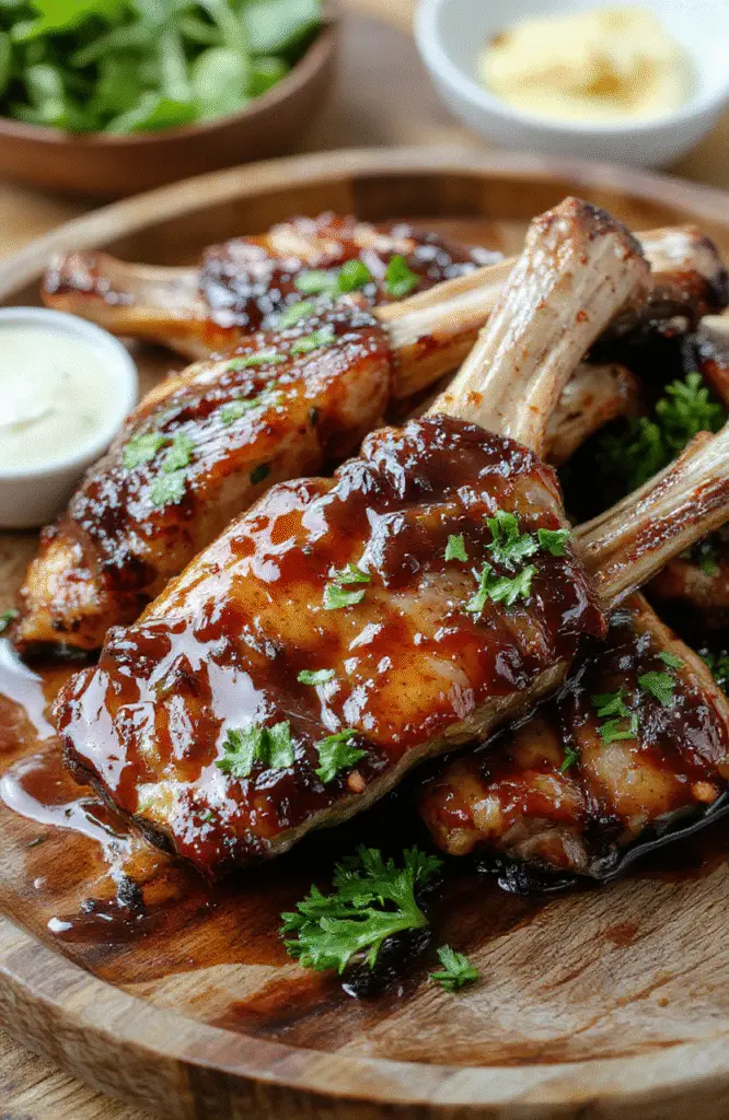 Colorful plate featuring golden-brown boneless pork chops glazed with sticky honey garlic sauce, garnished with fresh herbs, served on a rustic wooden board with vibrant vegetables around, showcasing textures of caramelized meat and glossy sauce