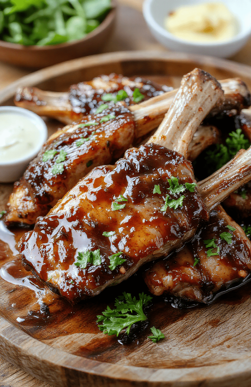Colorful plate featuring golden-brown boneless pork chops glazed with sticky honey garlic sauce, garnished with fresh herbs, served on a rustic wooden board with vibrant vegetables around, showcasing textures of caramelized meat and glossy sauce