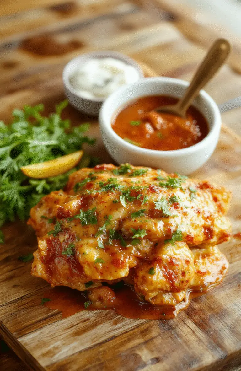 A vibrant plate of homemade butter chicken garnished with fresh cilantro, served with fluffy basmati rice on a rustic wooden table, creamy sauce with tender chicken pieces, colorful spices sprinkled around, styled simply with natural lighting.