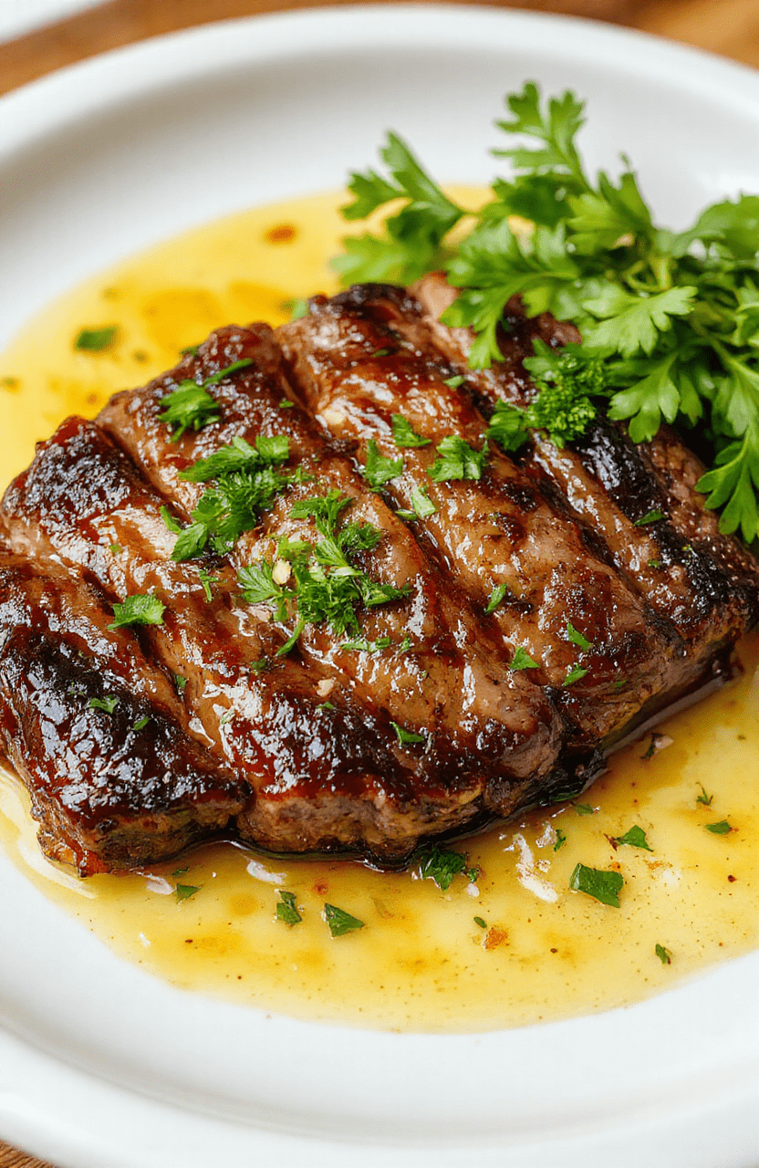 A beautifully plated pan-seared steak with a glossy butter sauce drizzled on top, surrounded by fresh herbs and garlic, served on a rustic white plate with a side of sautéed vegetables, vibrant colors, and a slightly crispy crust on the steak, styled for an inviting dinner setting.