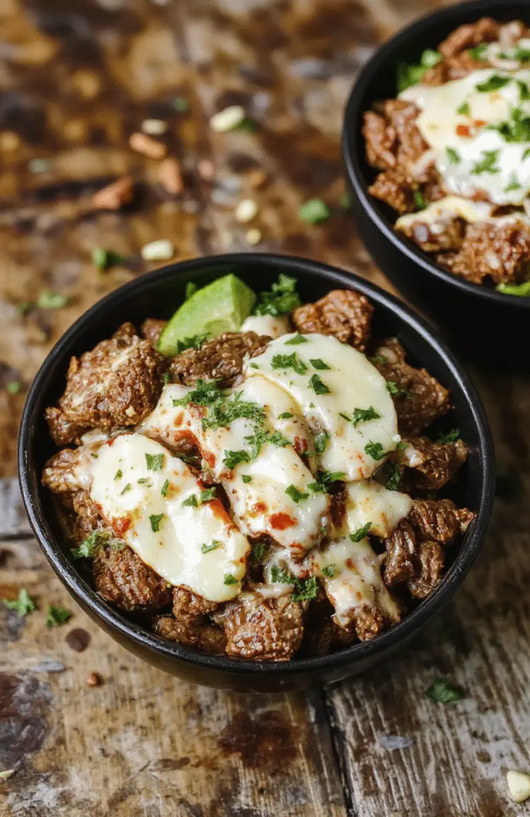 A colorful plate featuring a low-carb Philly cheesesteak bowl with sliced steak, melted cheese, peppers, and onions on a bed of sautéed greens, garnished with fresh herbs, styled on a rustic wooden table