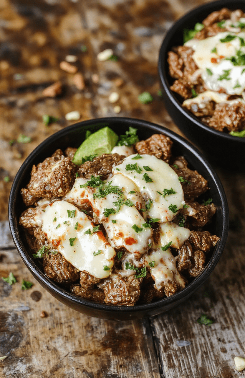 A colorful plate featuring a low-carb Philly cheesesteak bowl with sliced steak, melted cheese, peppers, and onions on a bed of sautéed greens, garnished with fresh herbs, styled on a rustic wooden table