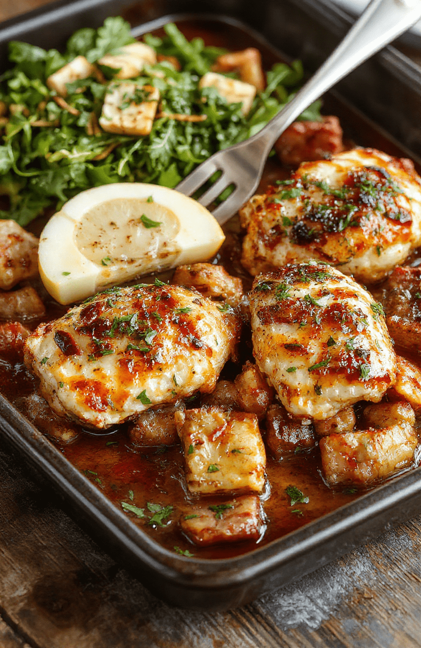 Colorful Greek-inspired chicken sheet pan dinner featuring golden roasted chicken pieces, vibrant cherry tomatoes, fresh herbs, and lemon slices, arranged on a rustic sheet pan with a textured surface, radiating appetizing aromas, with a backdrop of fresh vegetables and herbs.
