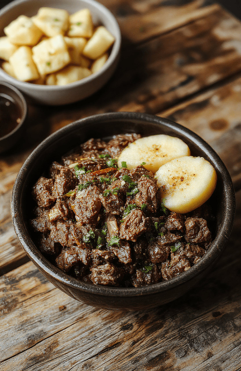 A vibrant Korean ground beef bowl featuring seasoned ground beef on a bed of steamed rice, topped with chopped green onions, sesame seeds, and a drizzle of soy sauce. The bowl is served on a rustic wooden table, with colorful vegetables and a pair of chopsticks nearby, highlighting textures and fresh ingredients in natural daylight.