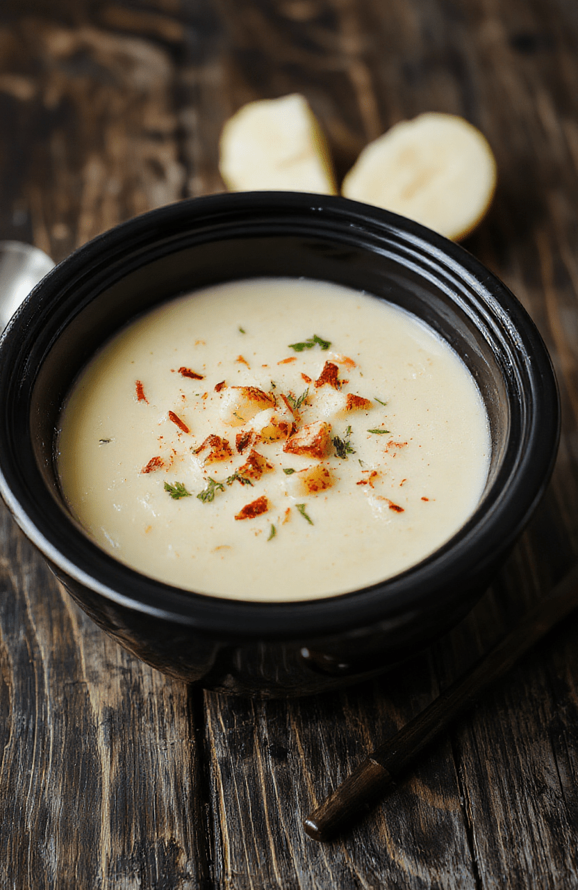 A warm, creamy potato soup served in a rustic white bowl, topped with chopped chives and shredded cheese, set on a wooden table with a cozy kitchen background, soft natural lighting highlighting the textures
