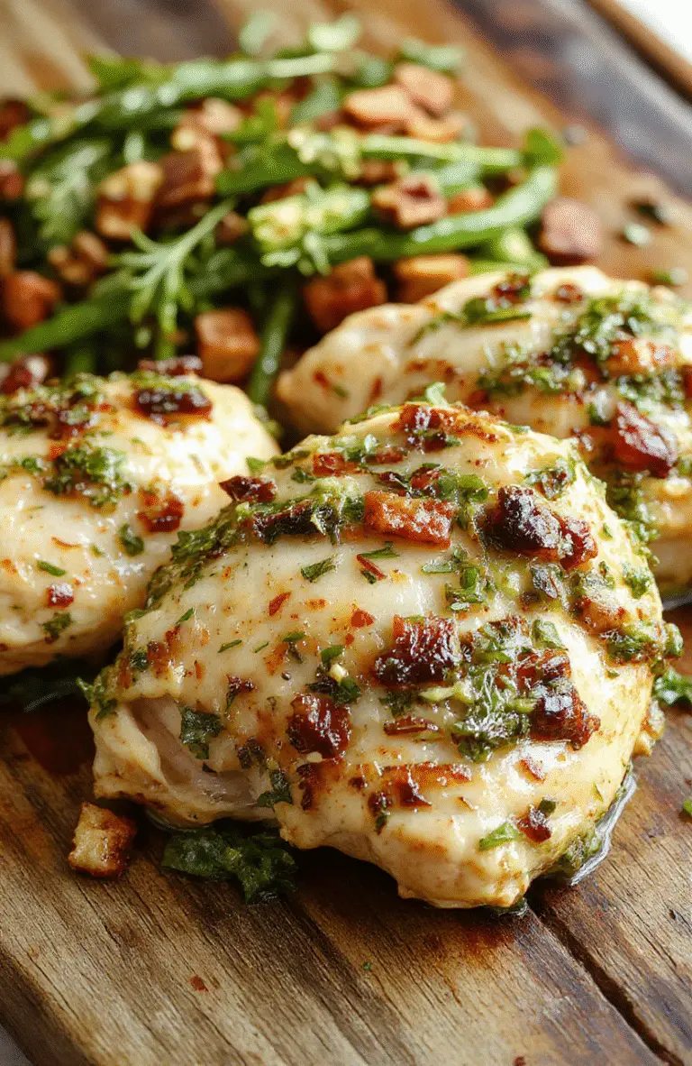 Colorful pesto chicken and vibrant roasted vegetables on a rustic wooden plate, garnished with fresh herbs, enticing textures, and a drizzle of pesto, styled casually with natural lighting and subtle shadows