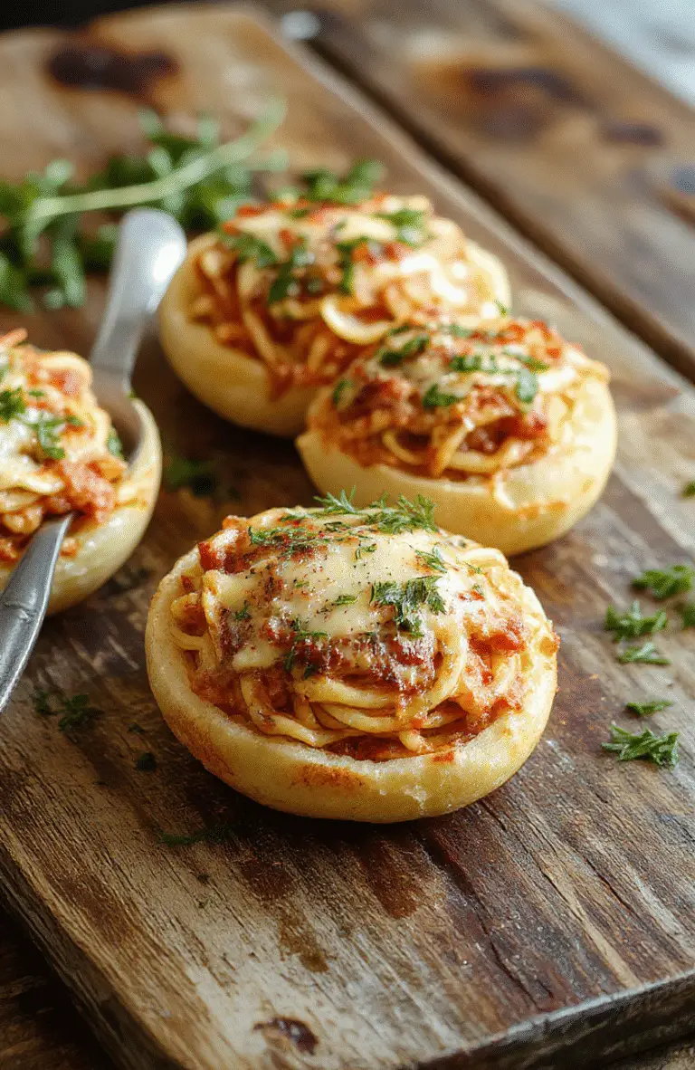 A close-up of golden garlic bread bowls filled with vibrant spaghetti, topped with melted cheese and fresh herbs, arranged on a rustic wooden table with a warm, inviting ambiance.