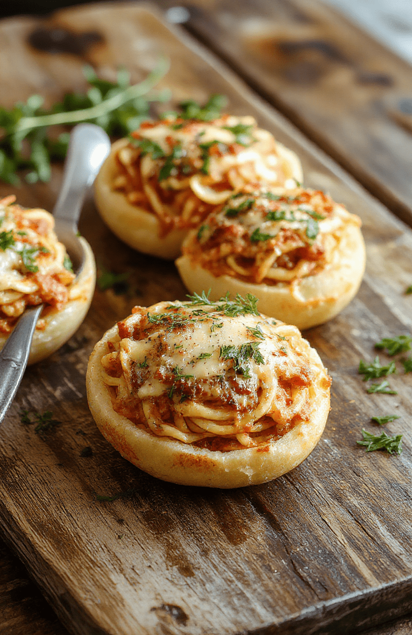 A close-up of golden garlic bread bowls filled with vibrant spaghetti, topped with melted cheese and fresh herbs, arranged on a rustic wooden table with a warm, inviting ambiance.