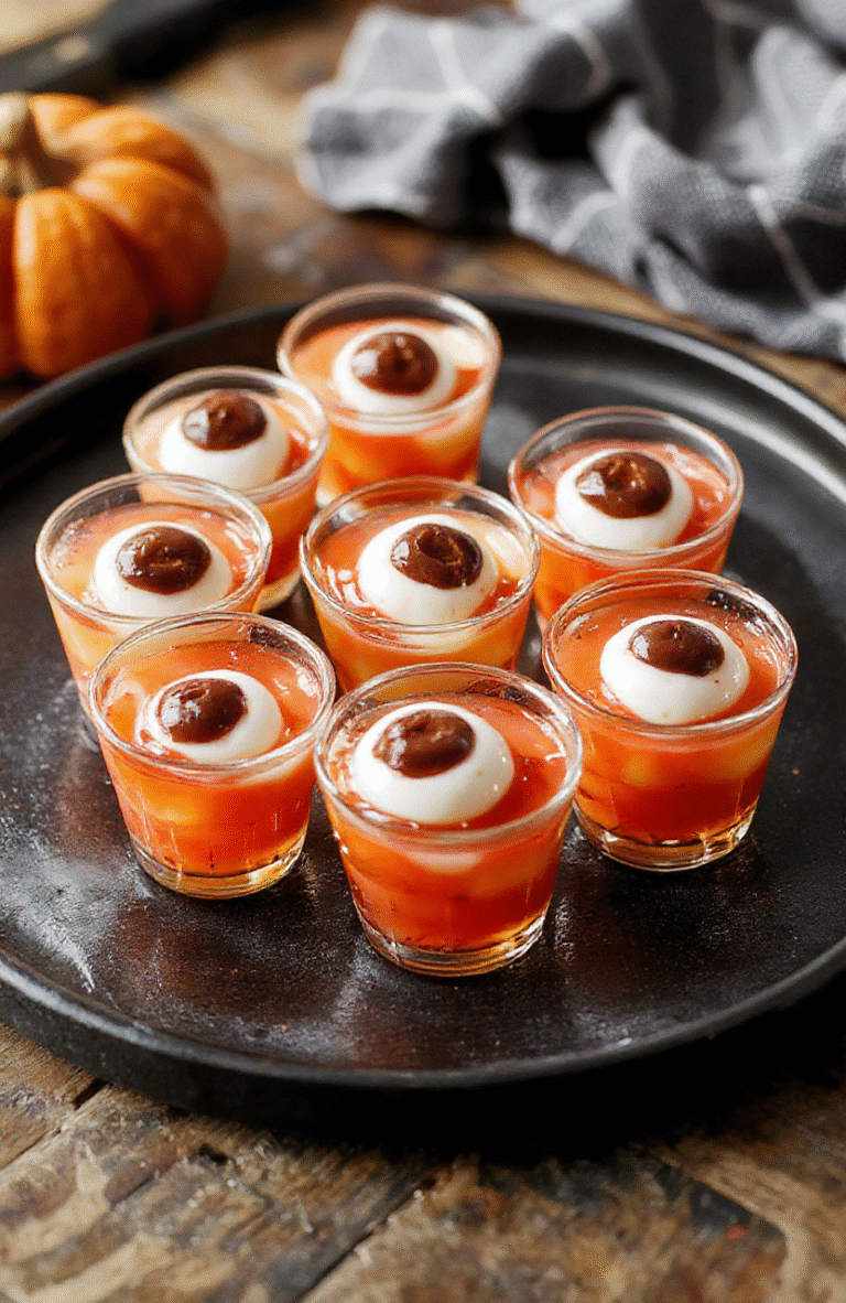 Colorful eyeball gelatin shots arranged on a spooky themed platter with Halloween decorations, featuring vibrant red and green jelly with mimicry of eyeballs, glossy textures, and spooky accents.