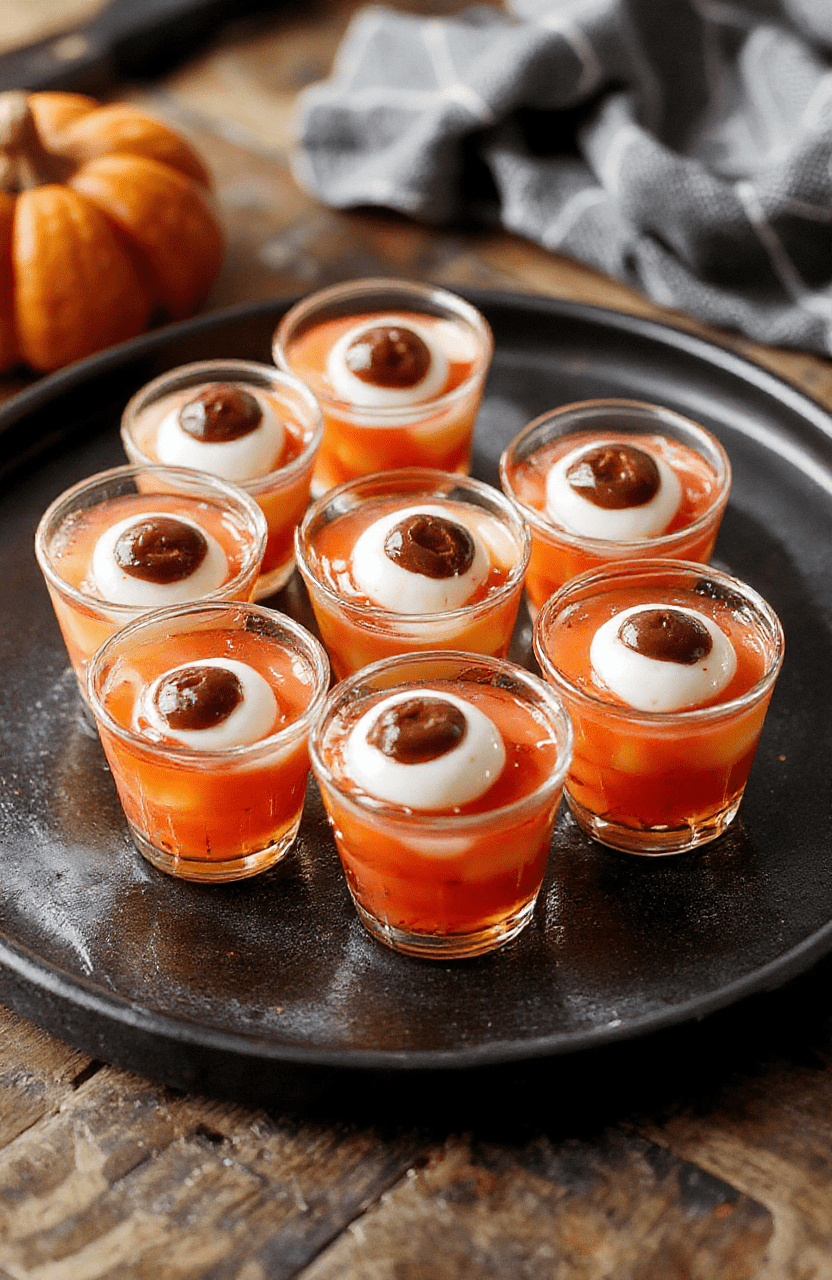 Colorful eyeball gelatin shots arranged on a spooky themed platter with Halloween decorations, featuring vibrant red and green jelly with mimicry of eyeballs, glossy textures, and spooky accents.