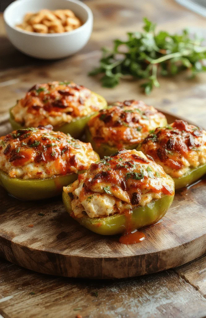 Vivid orange bell peppers filled with shredded chicken and rice mixture, topped with melted cheese, arranged neatly on a rustic wooden platter. The dish is garnished with chopped green herbs, with a Halloween-themed background featuring subtle spooky elements and soft ambient lighting, highlighting the textures and vibrant colors.