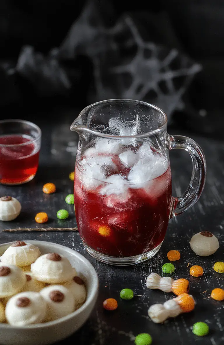 A vibrant black and purple Halloween punch in a clear glass pitcher with dry ice fog, garnished with glow-in-the-dark candies, floating spooky eyeball gummies, and decorative Halloween-themed paper straws, on a dark rustic wooden table surrounded by Halloween decorations and themed dishware