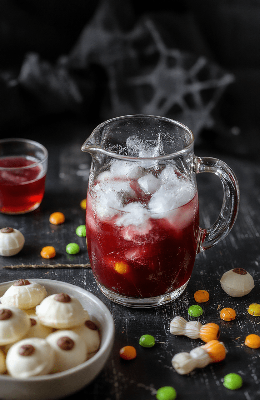 A vibrant black and purple Halloween punch in a clear glass pitcher with dry ice fog, garnished with glow-in-the-dark candies, floating spooky eyeball gummies, and decorative Halloween-themed paper straws, on a dark rustic wooden table surrounded by Halloween decorations and themed dishware