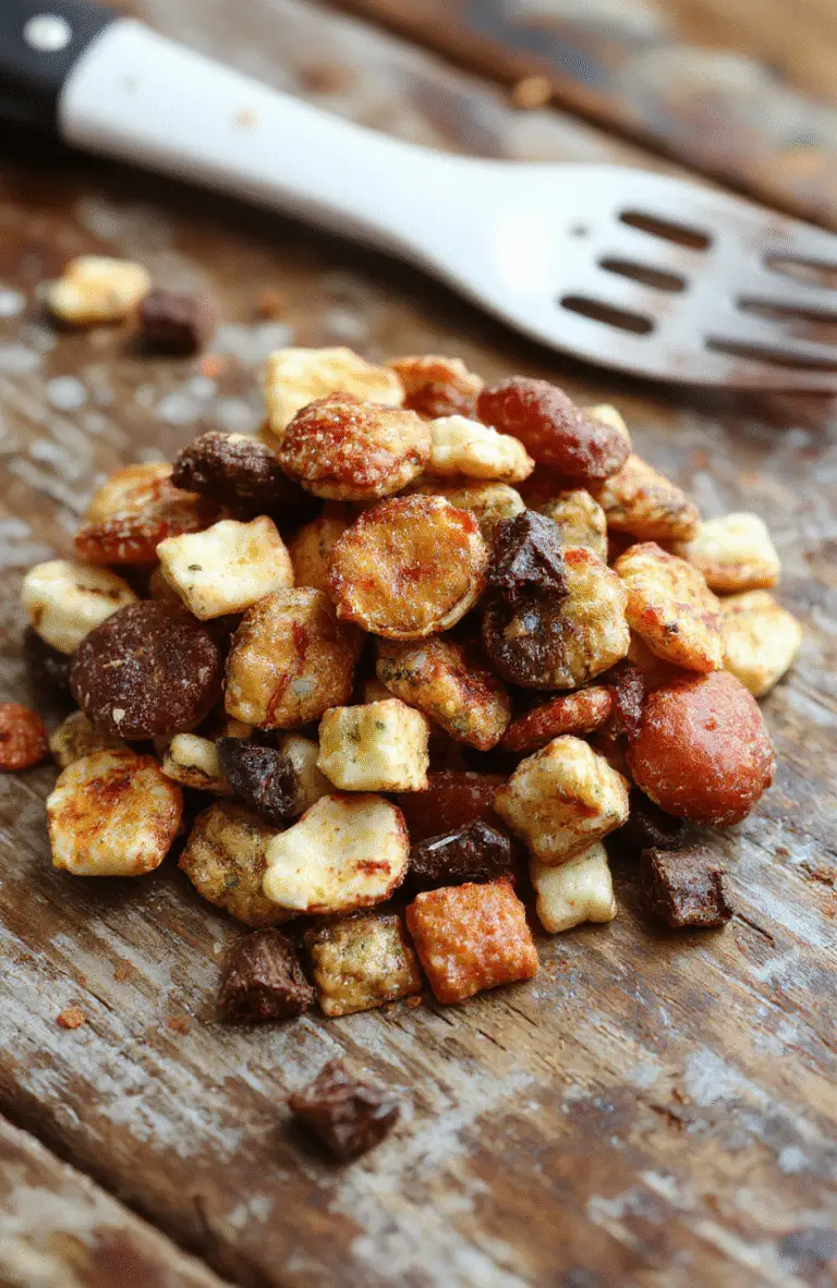 A close-up image of a vibrant Halloween-themed trail mix featuring red candy-coated chocolates, dark chocolate chunks, bright orange pumpkin-shaped candies, and pumpkin seeds arranged in a spooky, themed bowl. The mix has a colorful, textured appearance with shiny and matte surfaces, styled on a rustic wooden surface with soft natural light highlighting the vivid colors and textures.