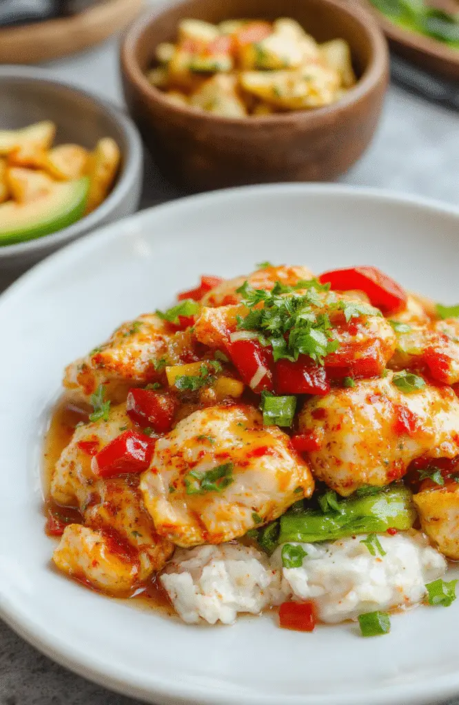 Vibrant golden-brown chicken pieces glazed with glossy sweet chili sauce, garnished with fresh green herbs on a sleek white plate, with crispy textures and colorful peppers and scallions, styled simply for a tempting presentation.