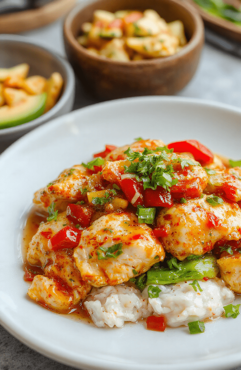 Vibrant golden-brown chicken pieces glazed with glossy sweet chili sauce, garnished with fresh green herbs on a sleek white plate, with crispy textures and colorful peppers and scallions, styled simply for a tempting presentation.