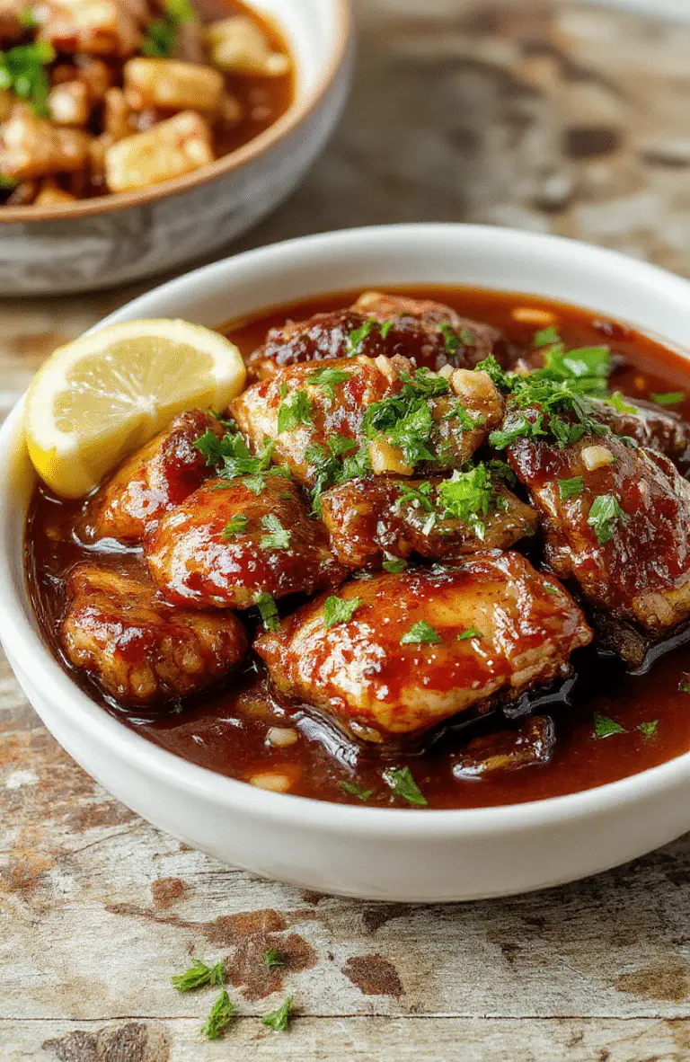 A vibrant plate showcasing caramelized soy chicken glazed to perfection, garnished with fresh herbs, served alongside fluffy rice and a clear garlic ginger broth, styled with natural light highlighting the glossy sauce and tender meat, with a rustic wooden background.