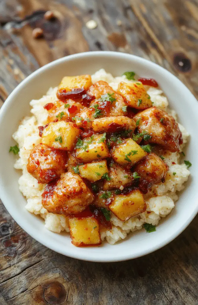 A vibrant plate featuring golden-brown pineapple chunks, tender chicken pieces, fluffy white rice, and colorful vegetables, garnished with fresh herbs on a rustic wooden table.