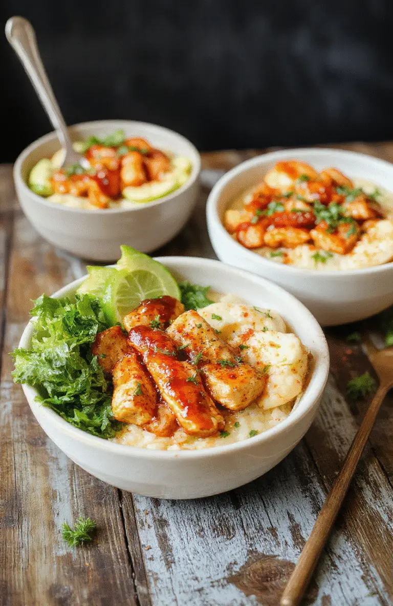 A vibrant bowl featuring tender grilled chicken glazed with honey and chipotle, served over fluffy rice with colorful bell peppers, garnished with cilantro and lime wedges, styled casually on a rustic wooden surface