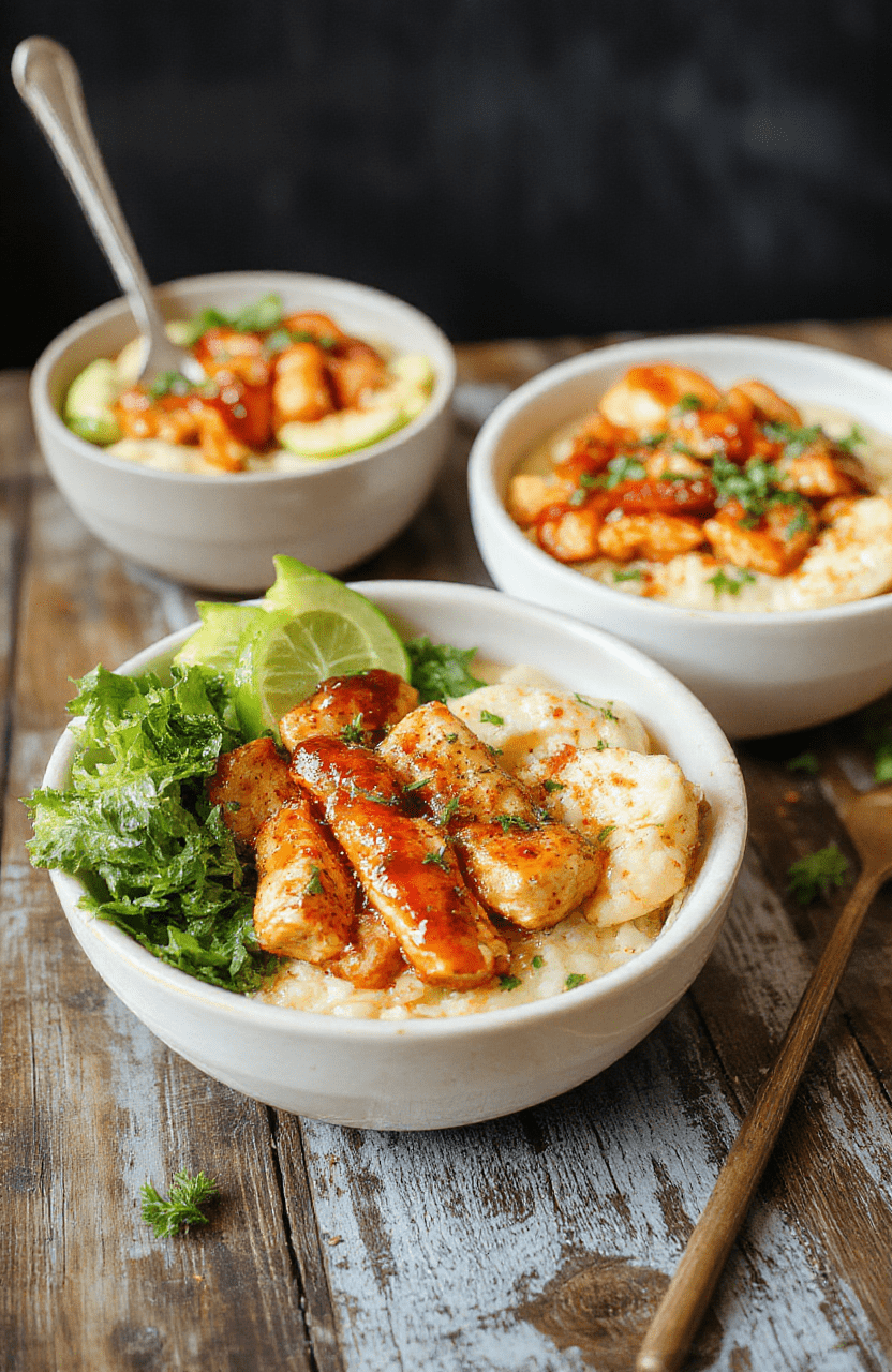 A vibrant bowl featuring tender grilled chicken glazed with honey and chipotle, served over fluffy rice with colorful bell peppers, garnished with cilantro and lime wedges, styled casually on a rustic wooden surface