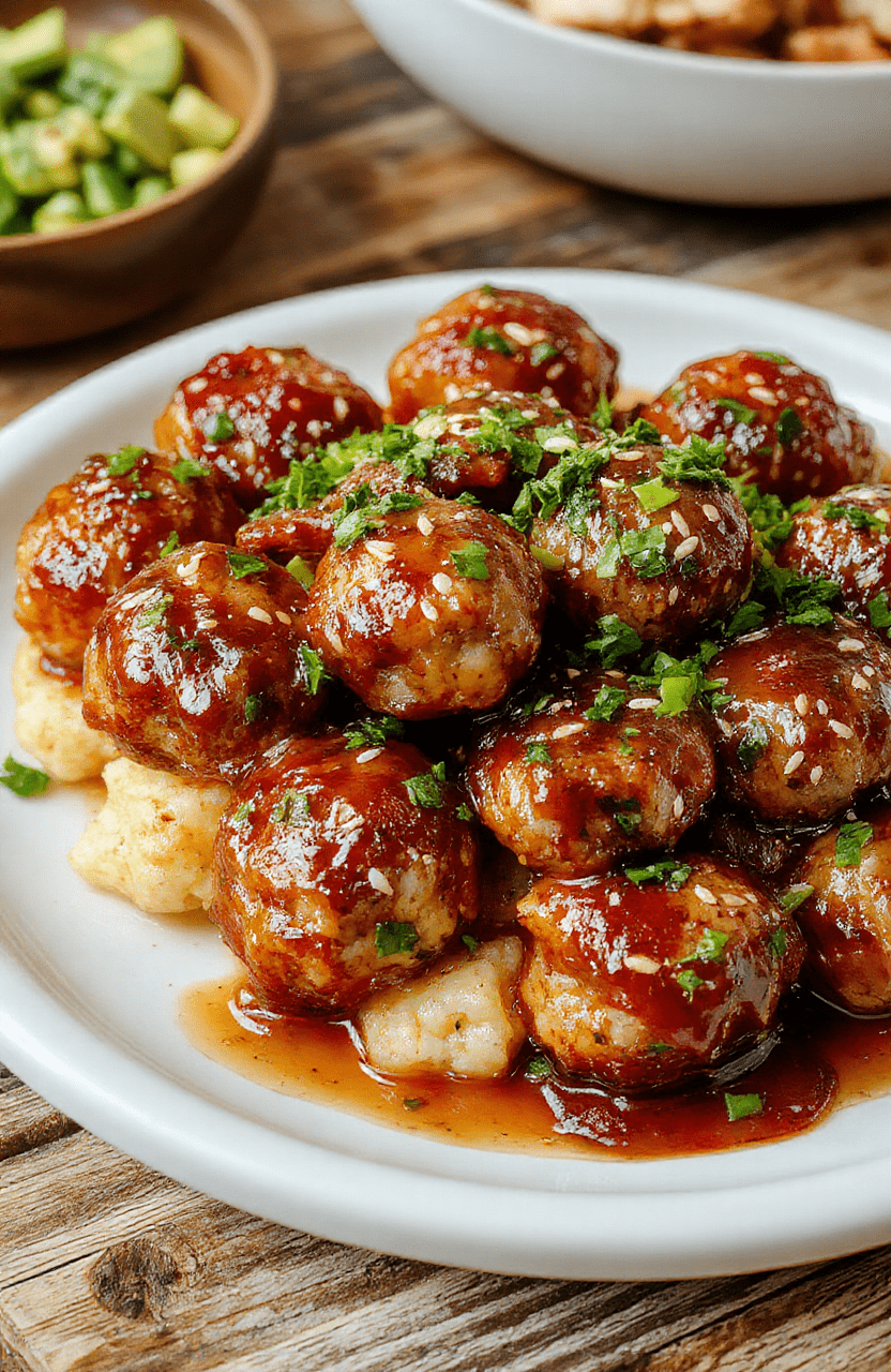 Colorful Asian turkey meatballs glazed with a shiny spicy-sweet sauce, arranged neatly on a white plate with green herbs and sesame seeds, with chopsticks and a small bowl of sauce nearby, styled simply with natural daylight highlighting textures.