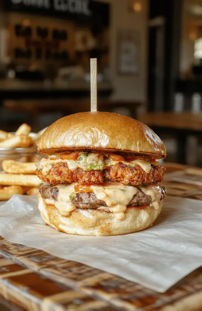 A close-up of a towering juicy burger with melted cheese, crispy bacon, fresh lettuce, tomato, and pickles, presented on a rustic wooden plate with vibrant colors and appealing textures, styled casually.