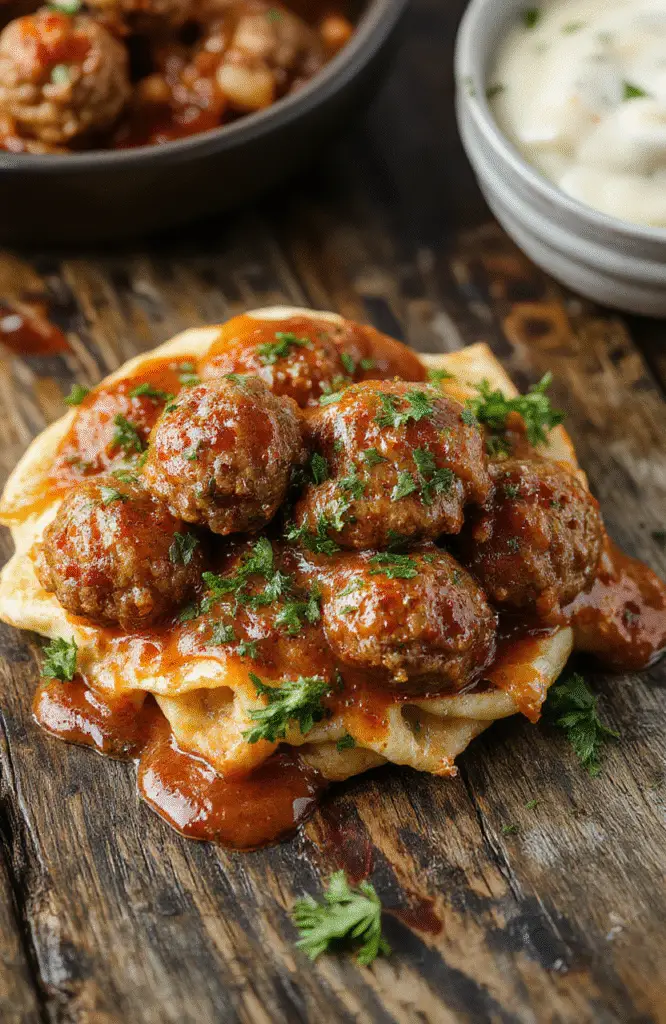 A mouthwatering plate of golden-brown Italian meatballs glistening with savory sauce, nestled in a rustic white bowl, garnished with fresh basil and grated Parmesan, surrounded by rustic wooden table setting with a sprig of herbs and a crusty bread slice, vibrant colors, appealing textures, inviting presentation.