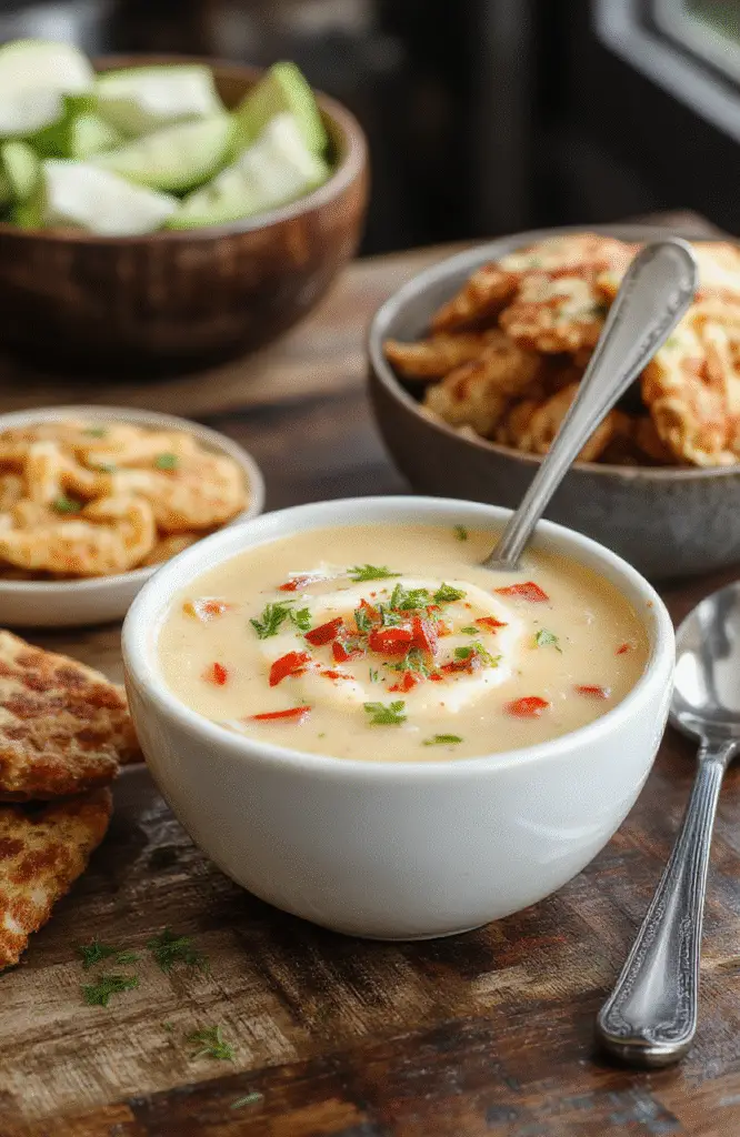 A steaming bowl of cheeseburger soup on a rustic wooden table, topped with shredded cheese, sliced pickles, and fresh herbs, with a spoon beside it. The soup is thick, creamy, with visible chunks of beef, corn, and potatoes, garnished with green onions and a drizzle of ketchup, styled casually for a cozy vibe.