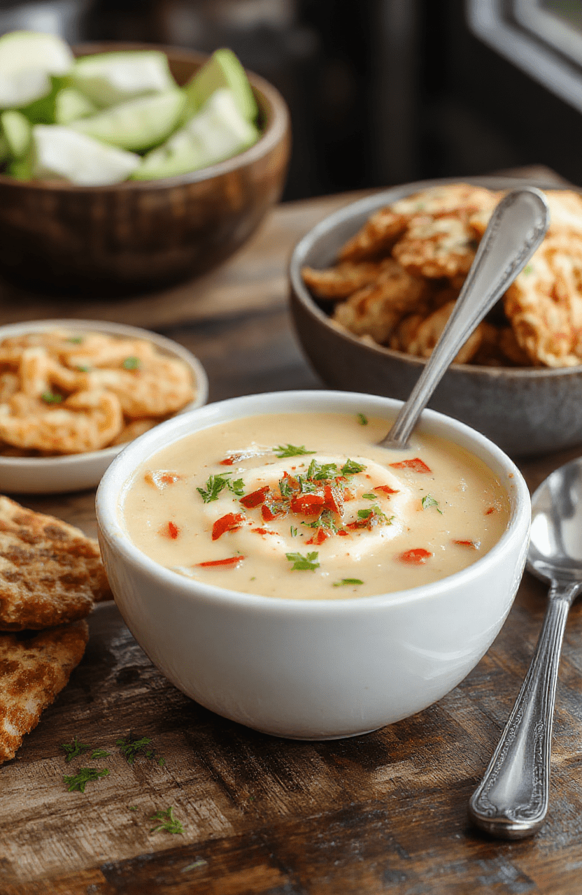 A steaming bowl of cheeseburger soup on a rustic wooden table, topped with shredded cheese, sliced pickles, and fresh herbs, with a spoon beside it. The soup is thick, creamy, with visible chunks of beef, corn, and potatoes, garnished with green onions and a drizzle of ketchup, styled casually for a cozy vibe.