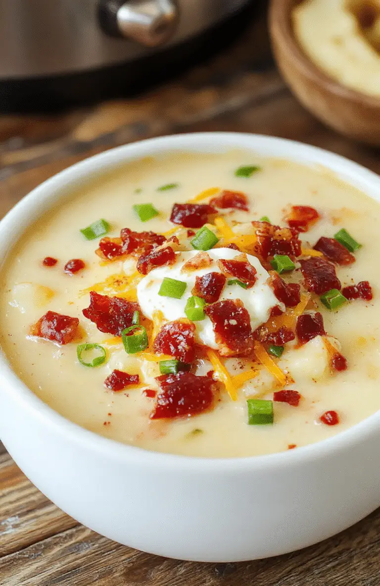 A steaming bowl of creamy loaded crockpot potato soup topped with shredded cheese, crispy bacon bits, chopped green onions, and a dollop of sour cream. The bowl is placed on a rustic wooden table with a spoon and a side of crusty bread. The vibrant colors of fresh toppings contrast beautifully with the rich, velvety soup, making it look comforting and delicious.