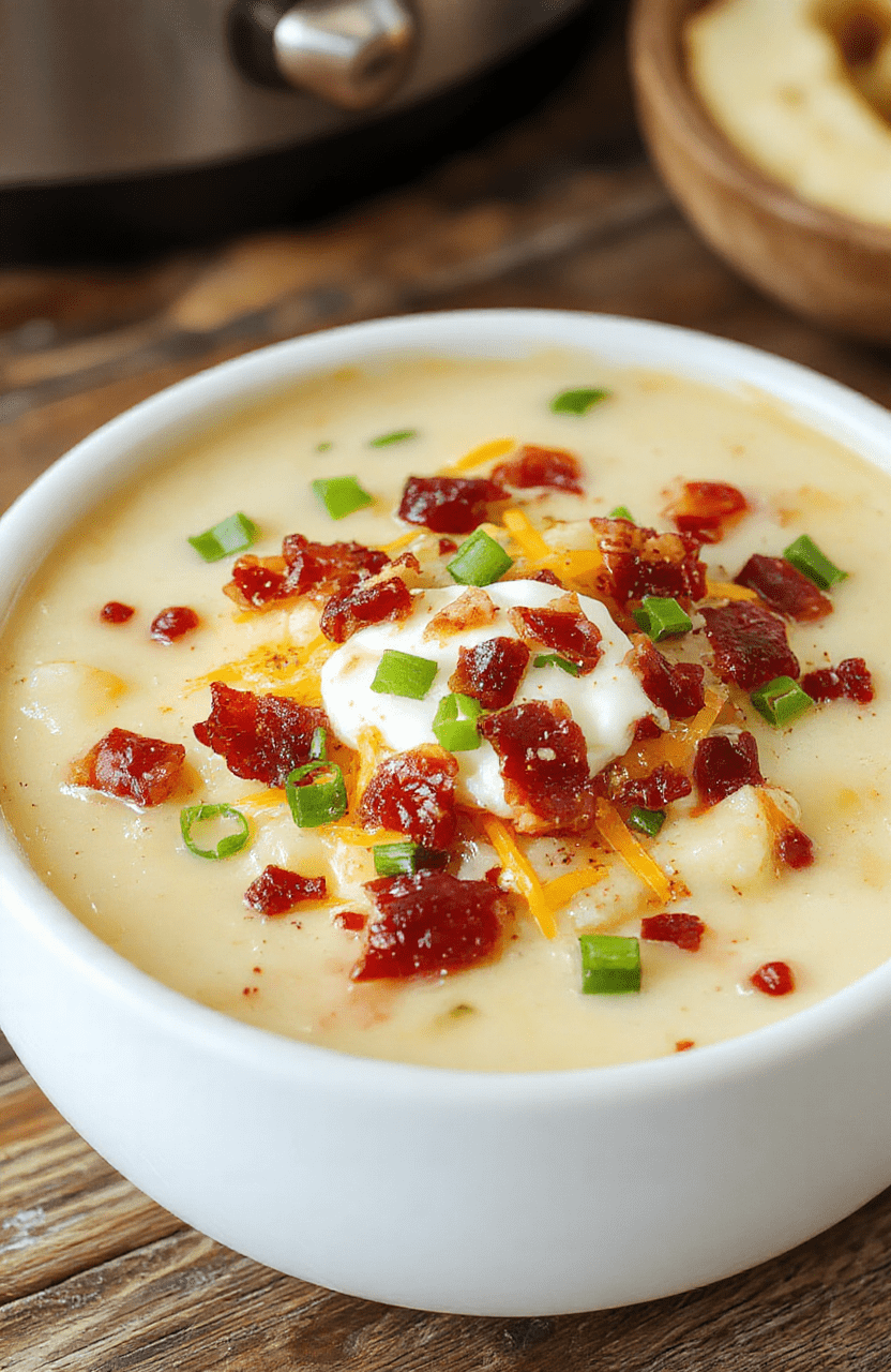 A steaming bowl of creamy loaded crockpot potato soup topped with shredded cheese, crispy bacon bits, chopped green onions, and a dollop of sour cream. The bowl is placed on a rustic wooden table with a spoon and a side of crusty bread. The vibrant colors of fresh toppings contrast beautifully with the rich, velvety soup, making it look comforting and delicious.