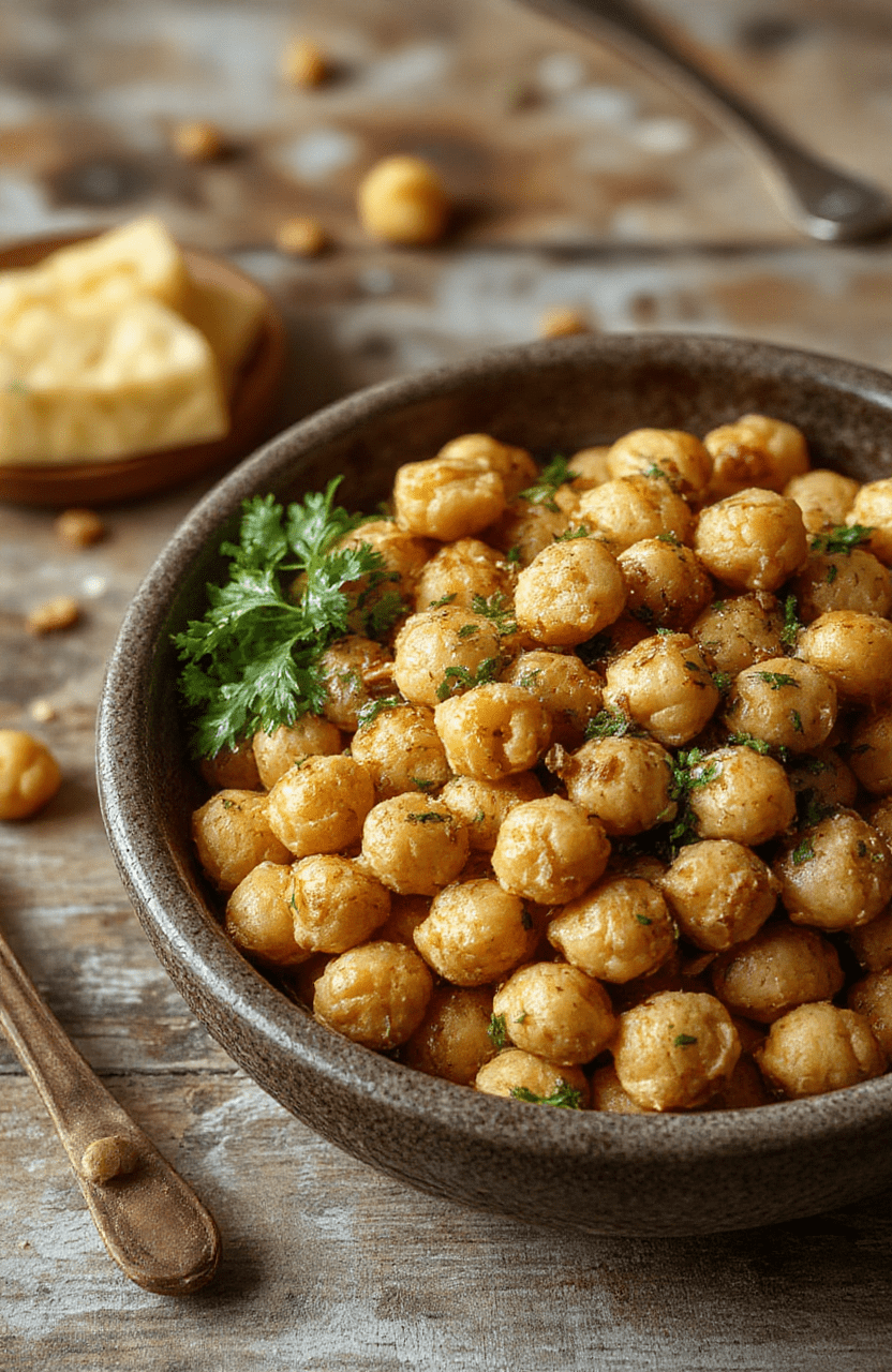 A vibrant bowl of marry me chickpeas featuring golden roasted chickpeas topped with fresh herbs and a drizzle of sauce, surrounded by colorful vegetables on a rustic wooden table, captured in natural light highlighting textures and colors.