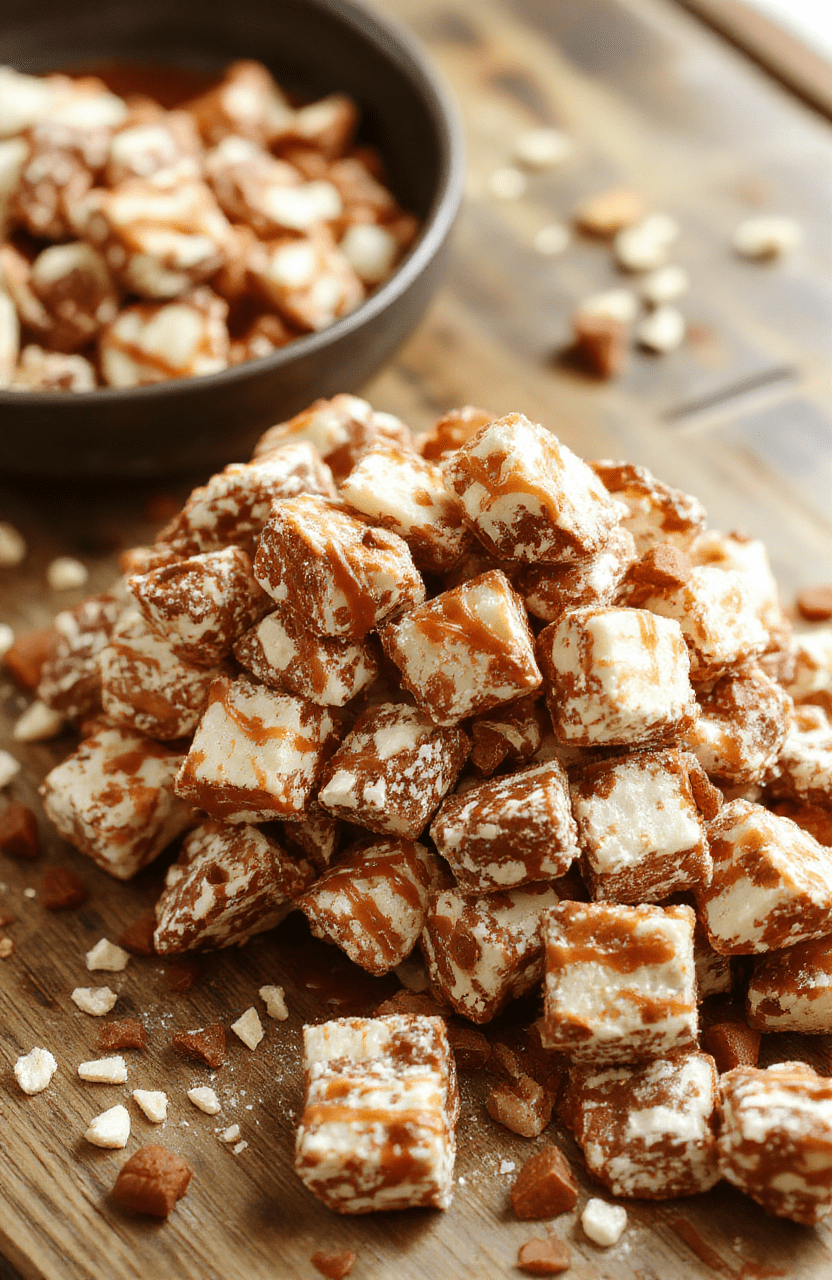 A vibrant bowl of caramel apple puppy chow featuring crunchy coated cereal bites with a glossy caramel and bright green apple pieces, dusted with golden caramel drizzle and colorful sprinkles, styled on a rustic wooden surface with fall-themed decorations in the background.